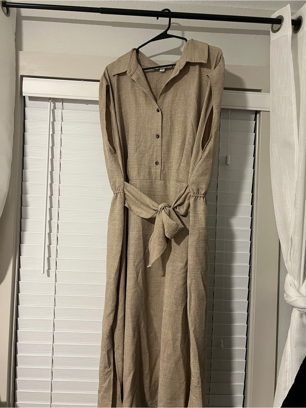 Relaxed Collared Maxi Dress with Waist Tie - Beige